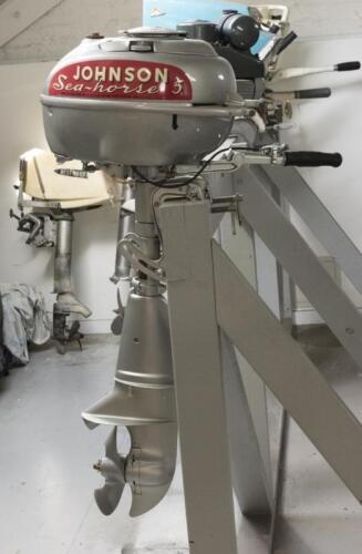JOHNSON: A circa 1950 Johnson Sea-Horse 5 hp outboard motor restored to display&nbsp;condition, cast aluminum, steel, decals to head &lsquo;Johnson Sea-Horse 5', serial no. 41-E-350, 101cm high, 26cm wide, 59cm deep&nbsp;Restored&nbsp;in 2016 to display condition, reciepts fo