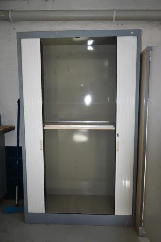 STORAGE: Three tambour door steel cupboards, two 201cm high, 120cm wide, 45cm deep, and one 201cm high, 105cm wide, 50cm deep