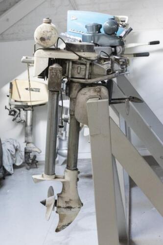 GOLD CHEETAH: A circa 1950s Gold Cheetah 3.6 hp outboard motor in original condition, cast aluminum, steel, manufacturer's marks to head &lsquo;Gold Cheetah', 26cm wide, 61cm deep. NOTE: The Gold Cheetah Outboard Motor was produced by Boundy Manufacturing Compa