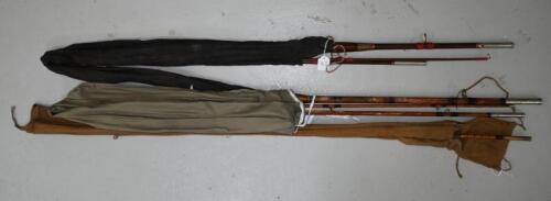 FLY FISHING RODS: An unmarked 3 piece 10' split cane fly fishing rod, with spare end piece in canvas carry case, 307cm long, together with a Len Butterworth split cane fishing rod and a Nichibo timber rod, both with canvas carry cases