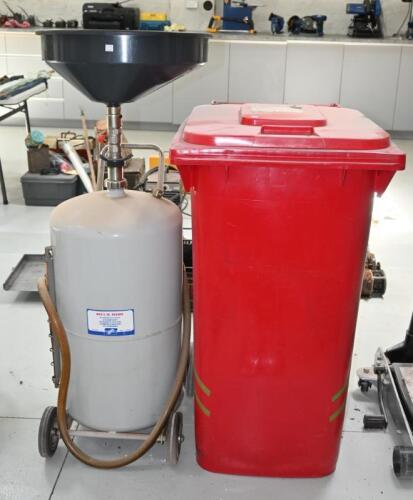 OIL DRAINER: A Gartec waste oil drainer and spill kit in wheelie bin, the drainer 124cm high