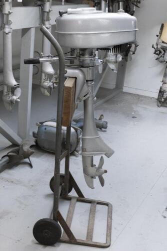 VINTAGE OUTBOARD MOTOR: A vintage outboard motor in restored condition, cast aluminum, steel, 102cm high, 34cm wide, 59cm deep