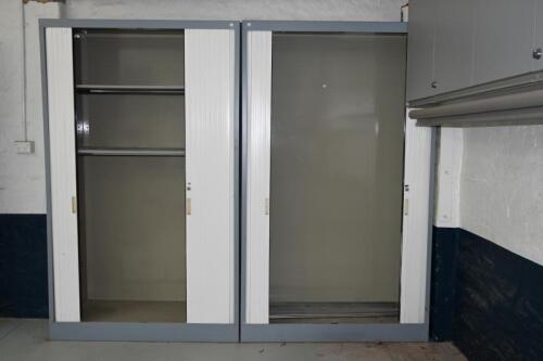 STORAGE: A pair of tambour door steel cupboards, 201cm high, 120cm wide, 45cm deep