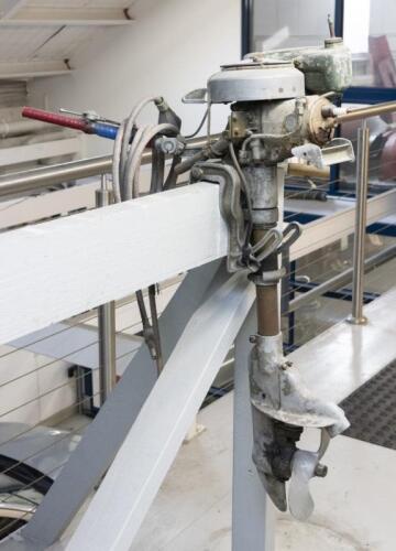 JOHNSON MOTORS: A vintage Johnson Motors outboard motor in original condition, cast aluminum, steel, manufacturer's marks to head &lsquo;Johnson Motors, Peterborg, Canada', 95cm high, 33cm wide, 66cm deep