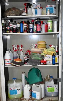 CAR DETAILING: A collection of car detailing items, including buffers, waxes, cleaning products and oils (contents of two cabinets), cabinets not included