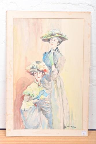 JEAN SINDELAR: watercolour of ladies in hats, signed lower right on artist board, 47cm high x 29cm wide