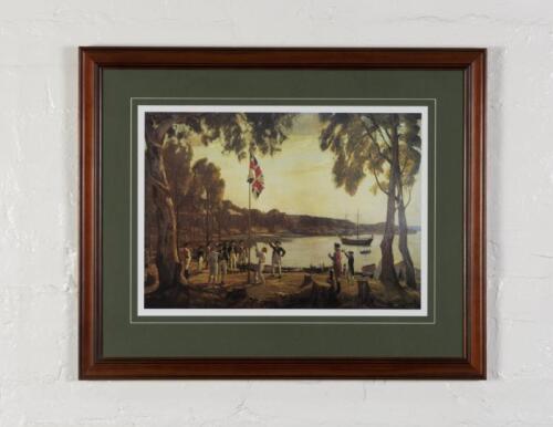 JAMES COOK: A reproduction print of 'The Founding of Australia' by Algeron Talmage, edition 122 of 2000, framed and glazed, 64 x 79cm overall