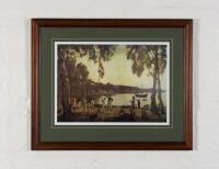 JAMES COOK: A reproduction print of 'The Founding of Australia' by Algeron Talmage, edition 122 of 2000, framed and glazed, 64 x 79cm overall