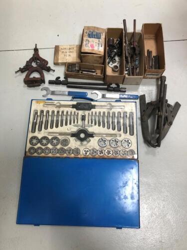 TOOLS: A collection of tools including a tap & die screw drill kit in metal case (Tungsten coated), a efi fuel pressure test kit and other parts