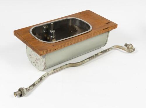 WASH BASIN: A late 20th century railway wash basin, with pipe, 49cm high, 21cm wide, 15cm deep