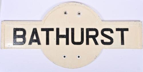 NSW RAILWAYS: A BATHURST station target sign, moulded concrete sheet, 61cm high, 129cm wide, 3cm deep