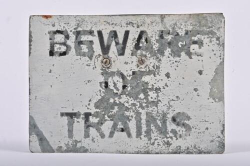 VICTORIAN RAILWAYS: A 'Beware of Trains' warning sign, painted aluminium plate, 22 x 31cm