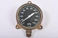 PRESSURE GAUGE: A brass air brake pressure gauge, 10cm across the dial
