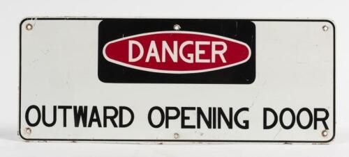 SIGN: An aluminium sheet 'Outward Opening Door' warning sign, 18 x 45cm