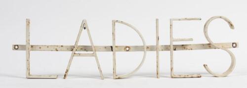 LADIES: An early 20th century wrought iron&nbsp;'LADIES' sign from concrete panel toilet block, 10 x 70cm