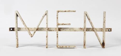 MEN: An early 20th century wrought iron 'MEN' sign from concrete panel toilet block, 19cm high, 55cm wide, 3cm deep