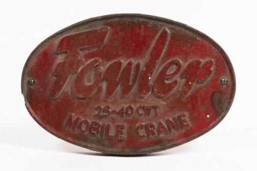 FOWLER: A cast iron builders plate for Fowler Mobile Crane, mounted on wooden base, 27 x 41cm