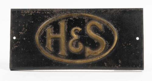 H&S: A H&S pressed steel machinery plate, 15 x 33.5cm