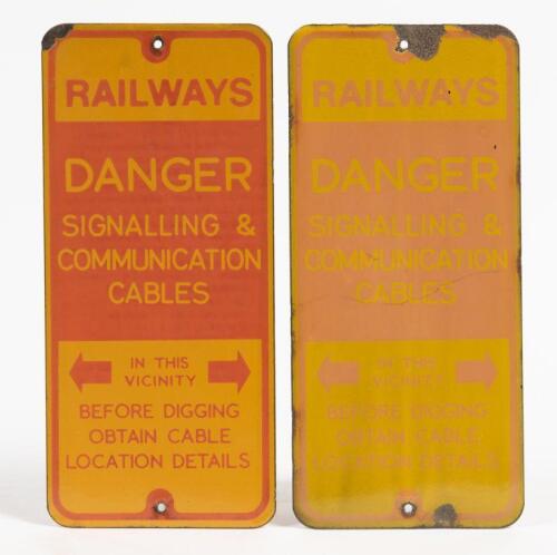 VICTORIAN RAILWAYS: A pair of original porcelain enamel signalling cable warning signs, 25 x 11.5cm