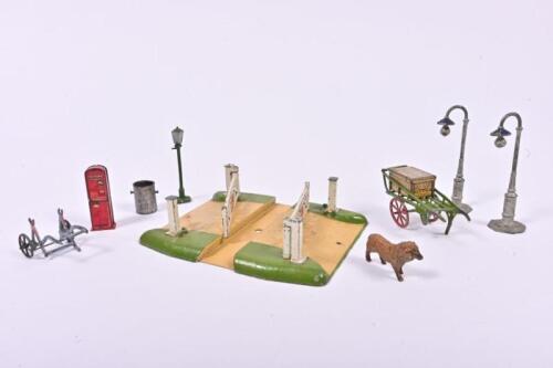 DIORAMA PARTS: A diecast model of railway level crossing gates including street lights and other scene related items