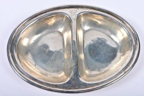 VICTORIAN RAILWAYS: A silver plate two section dish by Stokes & Sons with Victorian Railways stamped to base and engraved VR to rim, 18cm at the widest