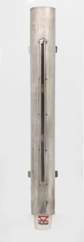 VICTORIAN RAILWAYS: A long stainless steel drinking water cup dispenser with some original wax paper cups, 54cm high