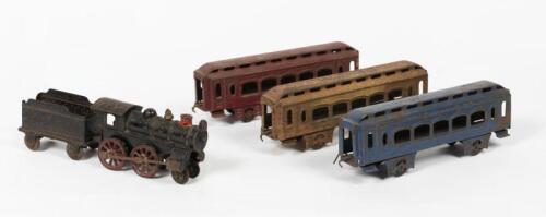 CHILDREN'S TOY TRAIN: A pressed metal children's push toy train set, including a locomotive and tender and three carriages, the locomotive 16cm long
