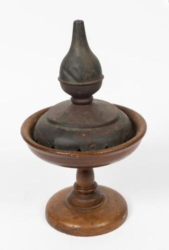 FINIAL: A copper sheet finial from a British railway signal on turned wooden stand, 35cm high overall