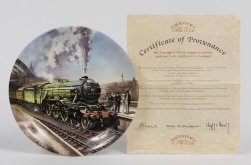 DAVENPORT POTTERY COMPANY: A Davenport Pottery porcelain plate depicting the Flying Scotsman Locomotive, painted by Paul S Gribble, with certificate of provenance, 22cm diameter