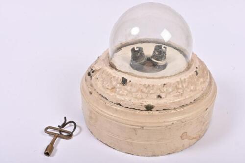 A cast iron, hardwood domed glass carriage light fitting, includes large brass key to access the lightbulbs, 24cm high, 29cm diameter