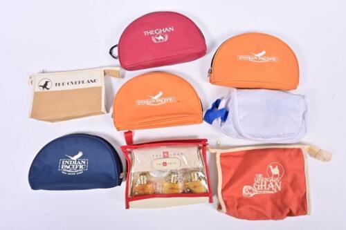 TOILETRY BAGS: Eight complimentary toiletry bags from The Ghan, The Overland and Indian Pacific trains, some bags include original toiletries