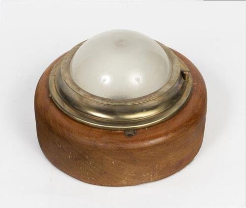 VICTORIAN RAILWAYS: An original suburban carriage lamp, comprising wooden base, brass ring and frosted glass shade, 21cm diameter