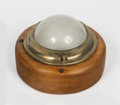 VICTORIAN RAILWAYS: An original suburban carriage lamp, comprising wooden base, brass ring and frosted glass shade, 21cm diameter