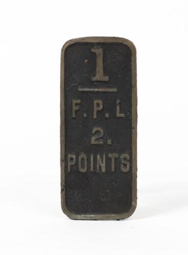 NSW RAILWAYS: A brass ground frame lever plate, lettered '1 / F.P.L. 2. Points', 16cm high, 7cm wide