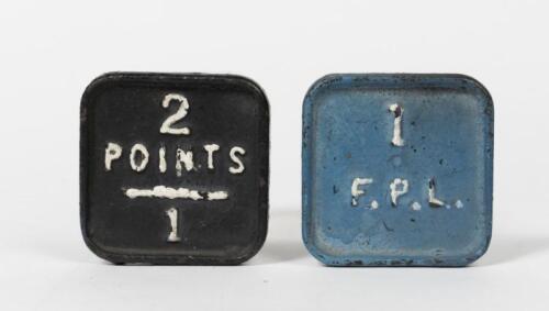 NSW RAILWAYS: Two early examples of ground frame levers plates, one lettered '1 / F.P.L.', the other lettered '2 Points / 2', 8cm square