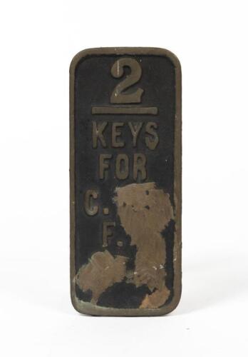 NSW RAILWAYS: A brass ground frame lever plate, lettered '2 / Keys For C.... F.', some letters ground away, 16.5cm high, 7cm wide