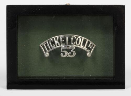 VICTORIAN RAILWAYS: A framed silverplate cap badge for 'Ticket Collector 53', 12 x 18cm overall