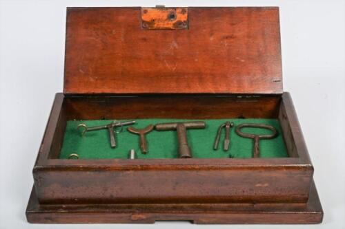 RAILWAY BOX: A wooden box with railway H key lock and railway various H keys, the box 44.5cm high, 224cm wide, 10cm deep