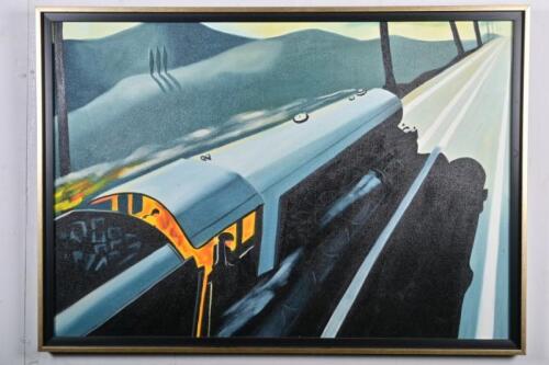 SPEEDING STEAM TRAIN: An oil on board depicting a stylistic impression of a steam locomotive at speed, framed, 74 x 104cm overall