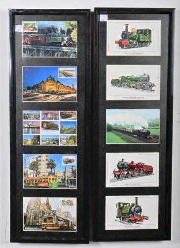 POSTCARDS: Two picture frames with postcards, one depicting British steam locomotives, one depicting transport in Melbourne, each 61 x 21 overall