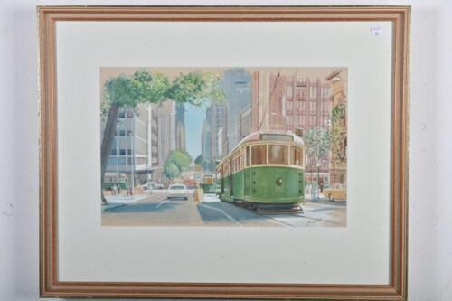 TRAMS: A watercolour on paper depicting a W class tram in Melbourne City, signed lower right: Bishop, 52 x 66cm overall