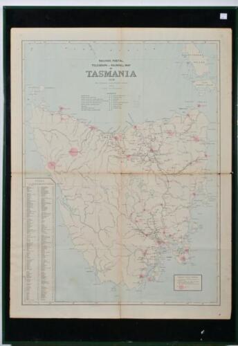 MAP OF TASSIE: A 1889 Railway, Postal, Telegraph and Rainfall Map of Tasmania, framed and glazed, 101 x 70cm