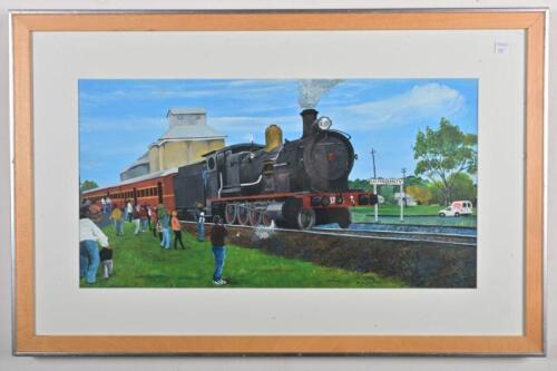 URANQUINTY: A gauche on paper depicting a steam locomotive at Uranquinty in New South Wales, framed and glazed, signed lower right: M Mumford, 51 x 79cm overall