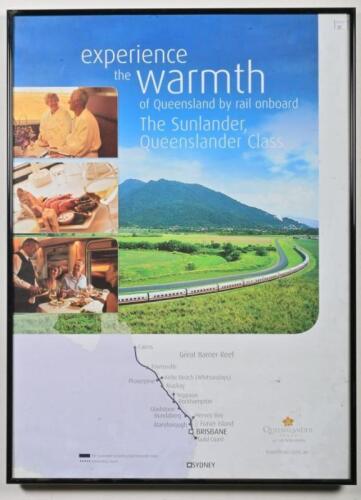 QUEENSLAND RAILWAYS: A QR promotional poster for travel on the The Sunlander, framed and glazed, 83 x 62cm overall