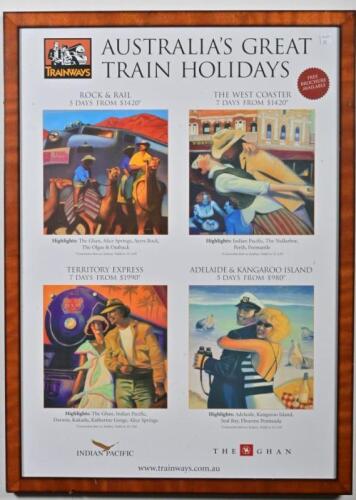 TRAINWAYS: A promotional poster for the Indian Pacific and The Ghan train journeys, framed and glazed, 89 x 65cm