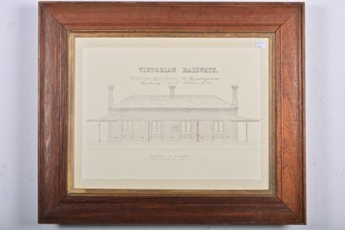 VICTORIAN RAILWAYS: A framed print of the elevation plan drawing of Birregurra railway station, 50 x 60cm
