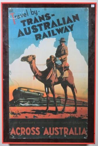 COMMONWEALTH RAILWAYS: A Commonwealth Railways promotional poster 'Travel by Trans-Australian Railway', framed and glazed, crack to glass, 92 x 62cm overall