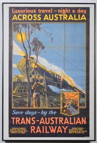 COMMONWEALTH RAILWAYS: A Commonwealth Railways promotional poster 'Luxurious travel by night and day Across Australia', framed and glazed, 91 x 62cm overall