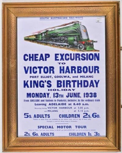 SOUTH AUSTRALIAN RAILWAYS: A reproduction promotional poster for 'Cheap Excursion to Victor Harbour' during the King's Birthday Holiday 1938, 49 x 39cm