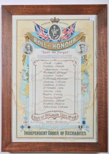 HONOUR ROLL: A Roll of Honour board from the Independent Order of Rechabites, country Victoria chapter, framed and glazed, 64 x 46cm